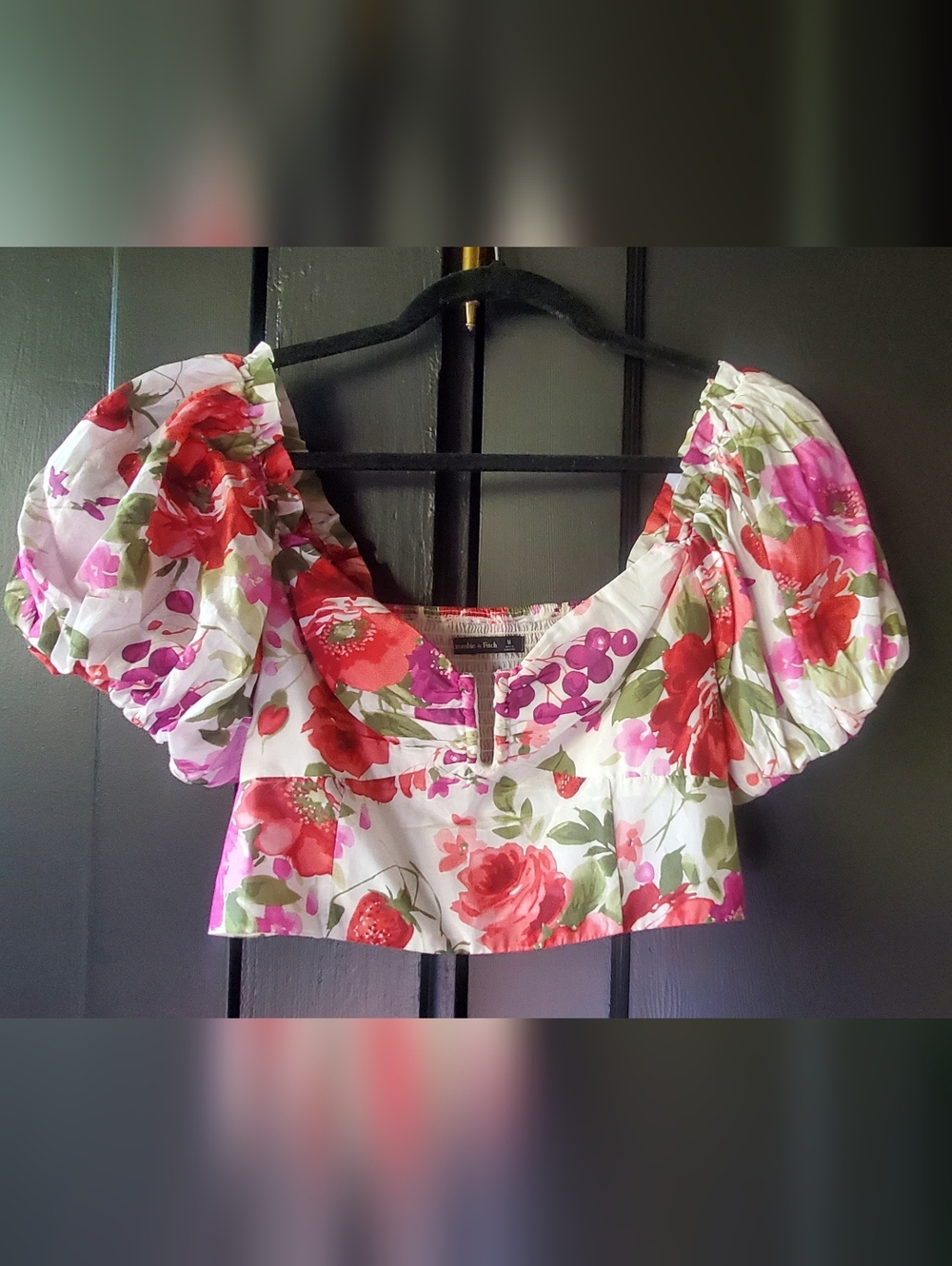 Abercrombie & Fitch White Floral Puff-Sleeve Crop Top M